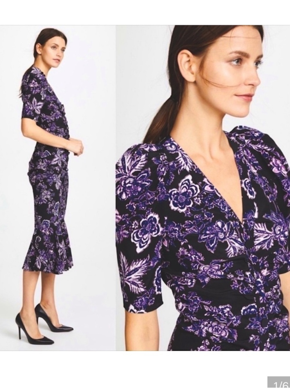 Veronica Beard Black and Purple Floral Silk Midi Dress